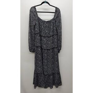 Floret Studio Women's Floral A Line Midi Dress Long Sleeve Black Blue Size Large